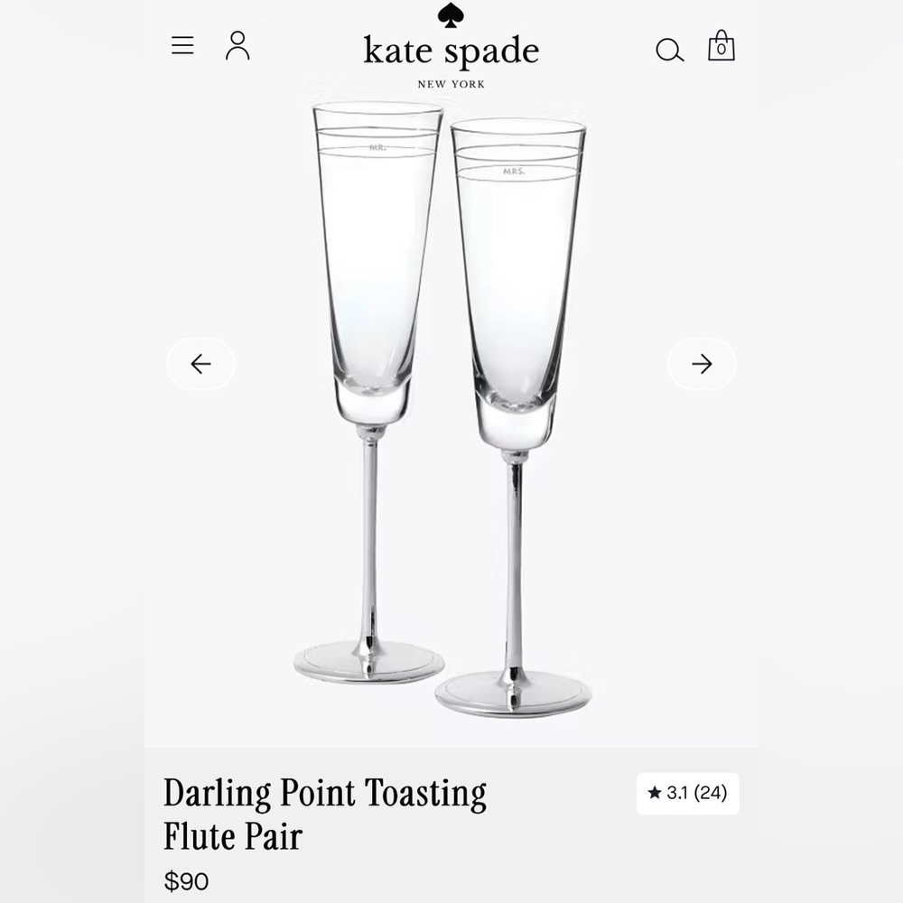 Kate Spade Silver Toasting Flute Mr. & Mrs. Pair